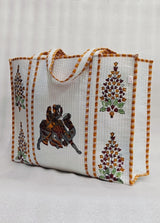 Classic White Block Printed Quilted Tote Bag without zip/button 17x18x 6 inches