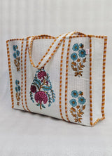 Classic White Block Printed Quilted Tote Bag without zip/button 17x18x 6 inches