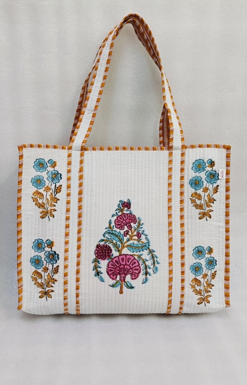 Classic White Block Printed Quilted Tote Bag without zip/button 17x18x 6 inches