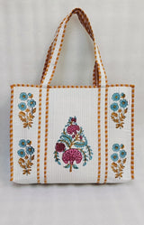 Classic White Block Printed Quilted Tote Bag without zip/button 17x18x 6 inches