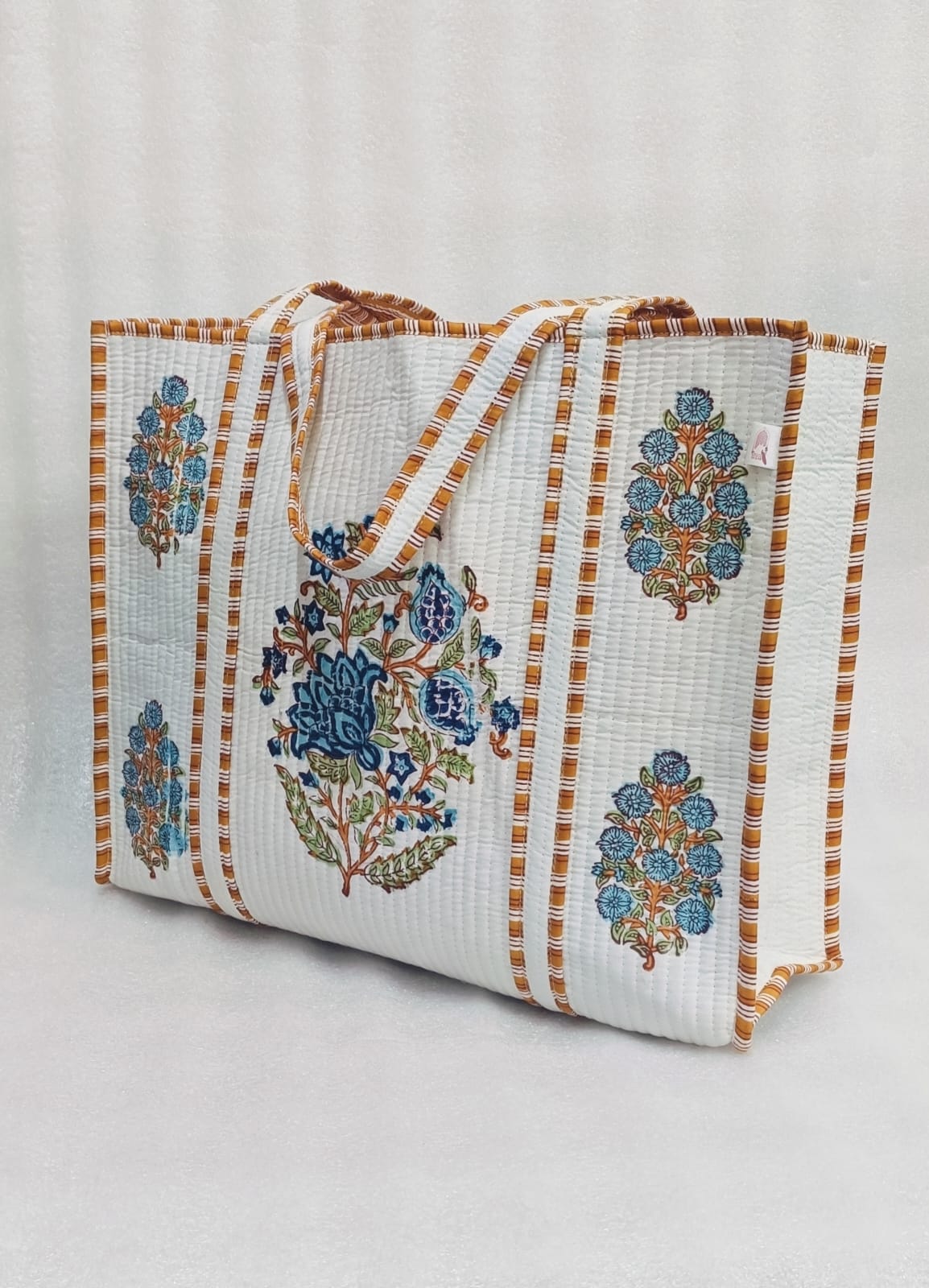 Classic White Block Printed Quilted Tote Bag without zip/button 17x18x 6 inches