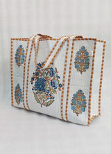 Classic White Block Printed Quilted Tote Bag without zip/button 17x18x 6 inches