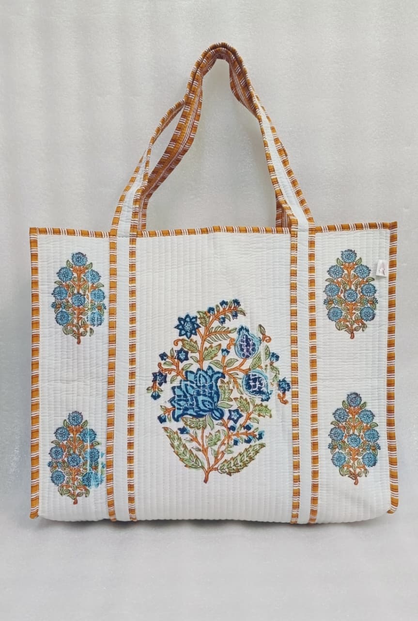 Classic White Block Printed Quilted Tote Bag without zip/button 17x18x 6 inches