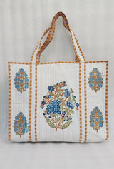 Classic White Block Printed Quilted Tote Bag without zip/button 17x18x 6 inches