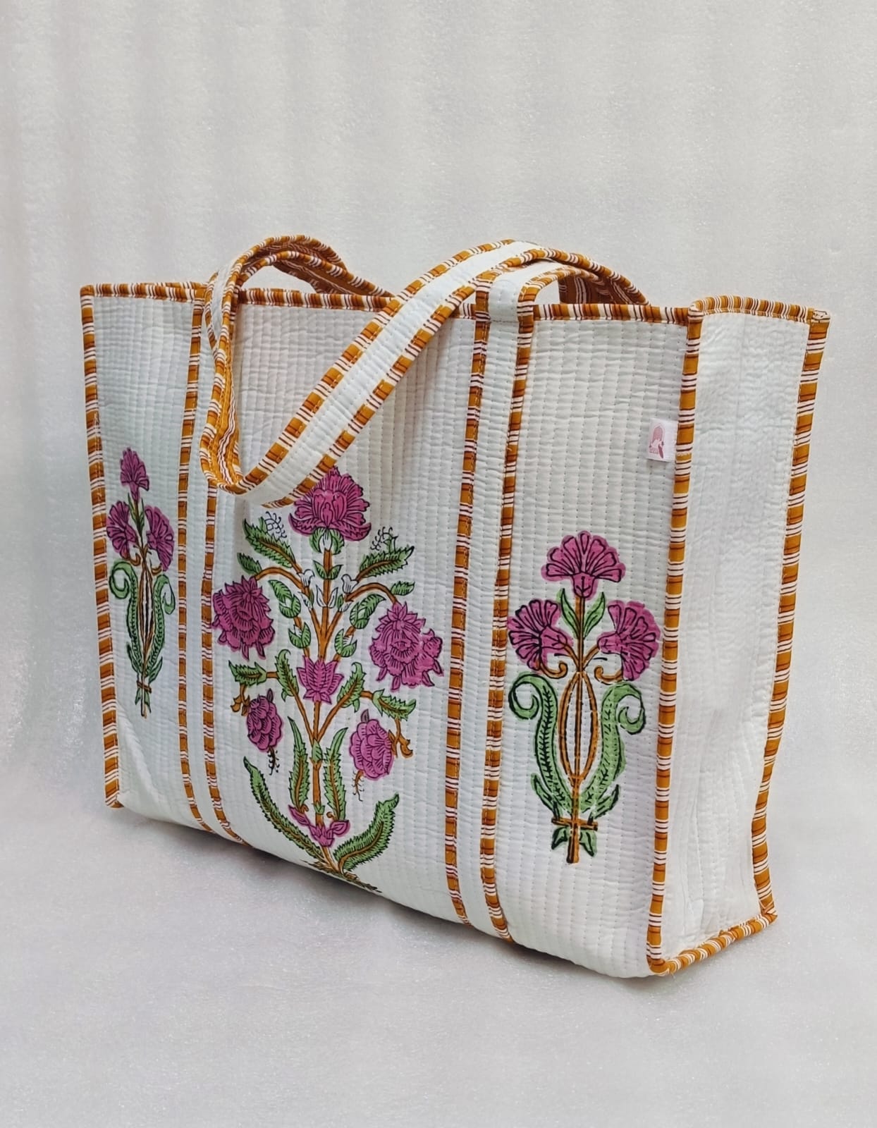 Classic White Block Printed Quilted Tote Bag without zip/button 17x18x 6 inches