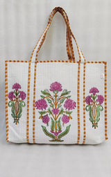 Classic White Block Printed Quilted Tote Bag without zip/button 17x18x 6 inches