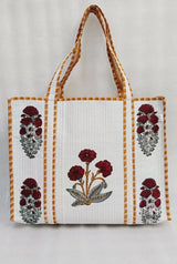 Classic White Block Printed Quilted Tote Bag without zip/button 17x18x 6 inches