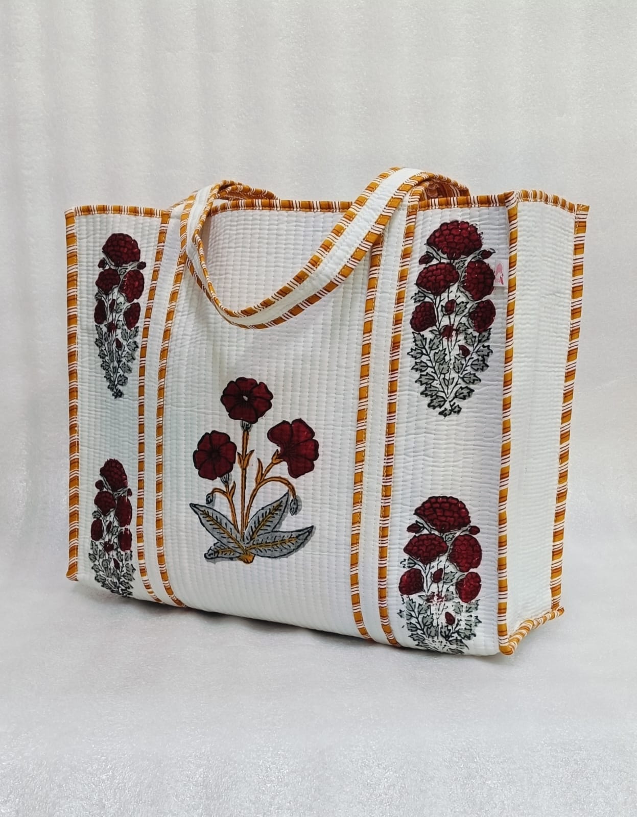 Classic White Block Printed Quilted Tote Bag without zip/button 17x18x 6 inches