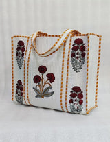 Classic White Block Printed Quilted Tote Bag without zip/button 17x18x 6 inches