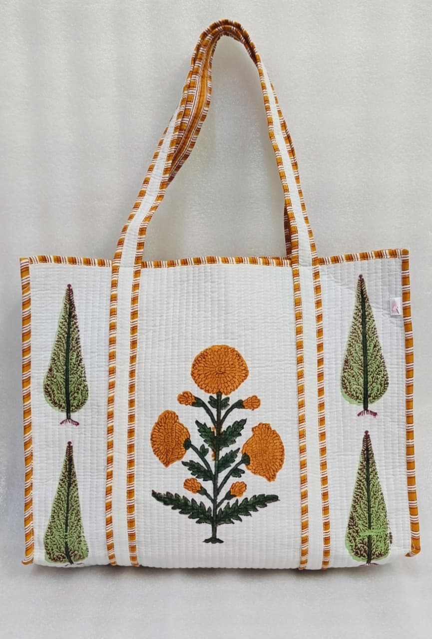 Classic White Block Printed Quilted Tote Bag without zip/button 17x18x 6 inches