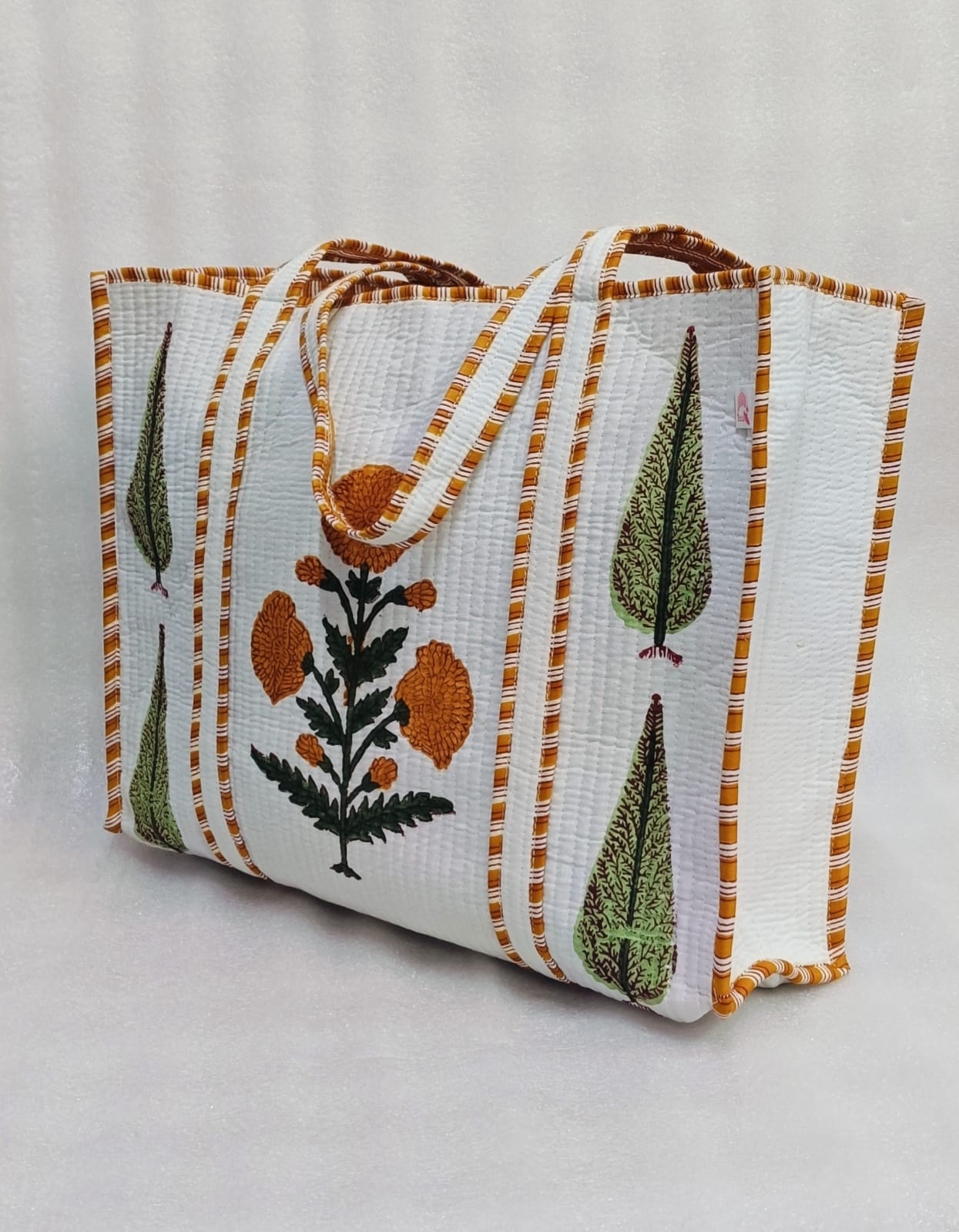 Classic White Block Printed Quilted Tote Bag without zip/button 17x18x 6 inches
