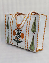 Classic White Block Printed Quilted Tote Bag without zip/button 17x18x 6 inches