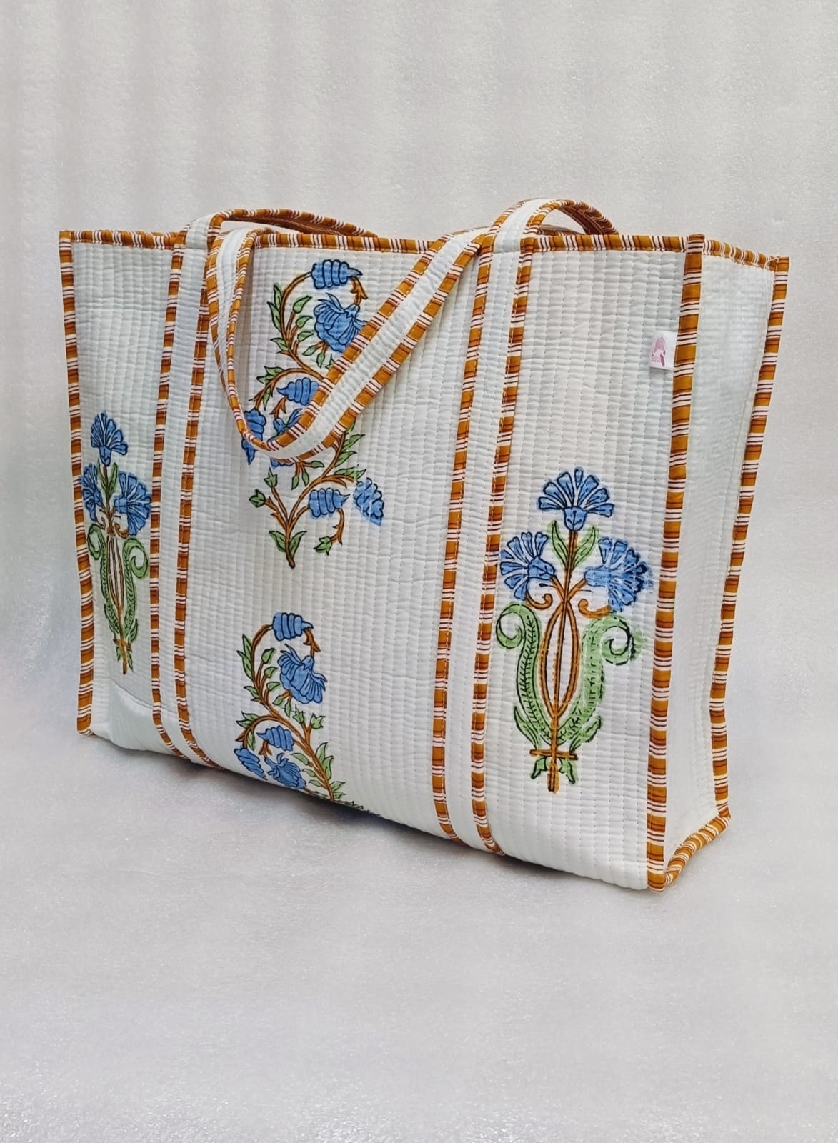 Classic White Block Printed Quilted Tote Bag without zip/button 17x18x 6 inches