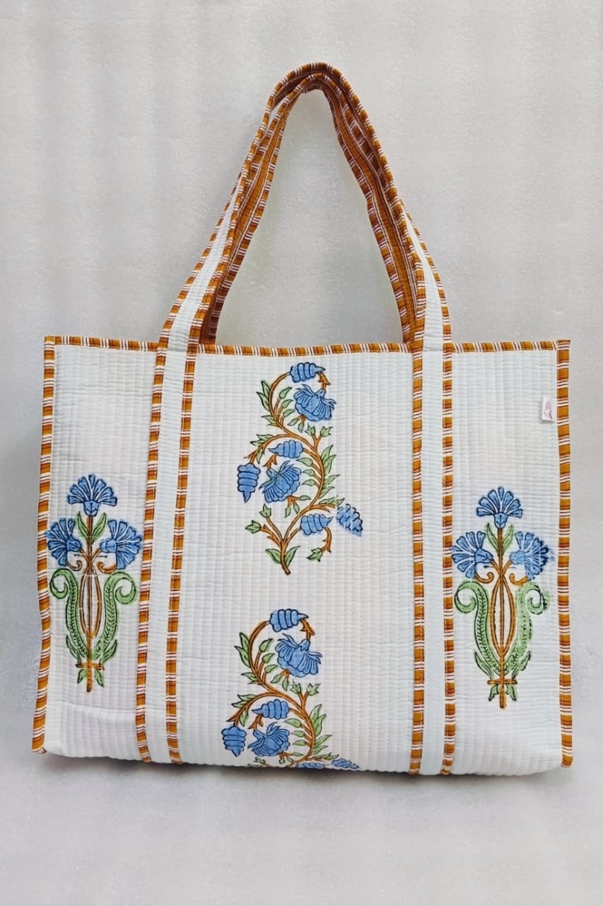 Classic White Block Printed Quilted Tote Bag without zip/button 17x18x 6 inches