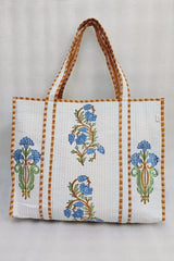 Classic White Block Printed Quilted Tote Bag without zip/button 17x18x 6 inches