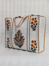 Classic White Block Printed Quilted Tote Bag without zip/button 17x18x 6 inches