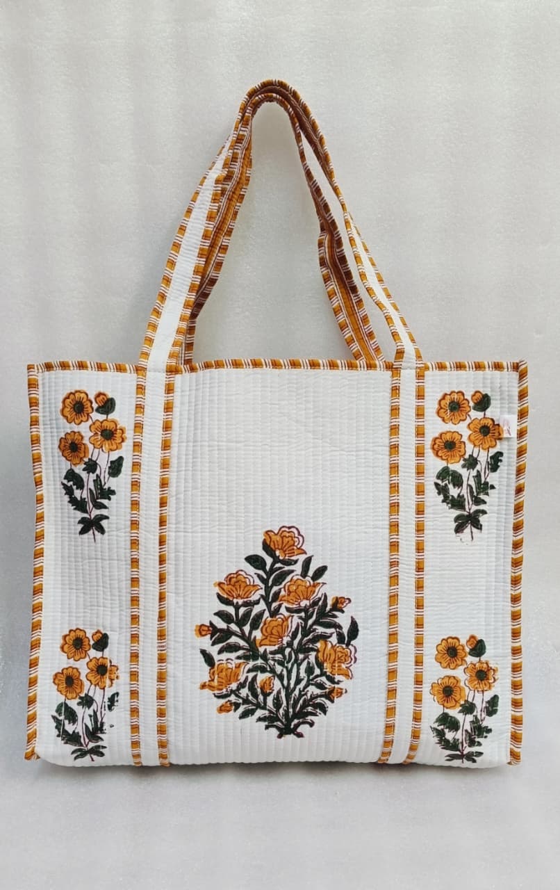 Classic White Block Printed Quilted Tote Bag without zip/button 17x18x 6 inches