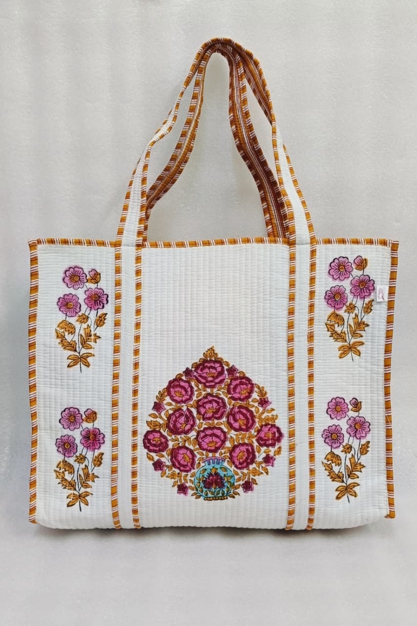 Classic White Block Printed Quilted Tote Bag without zip/button 17x18x 6 inches