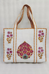 Classic White Block Printed Quilted Tote Bag without zip/button 17x18x 6 inches