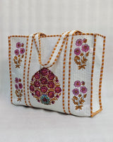 Classic White Block Printed Quilted Tote Bag without zip/button 17x18x 6 inches