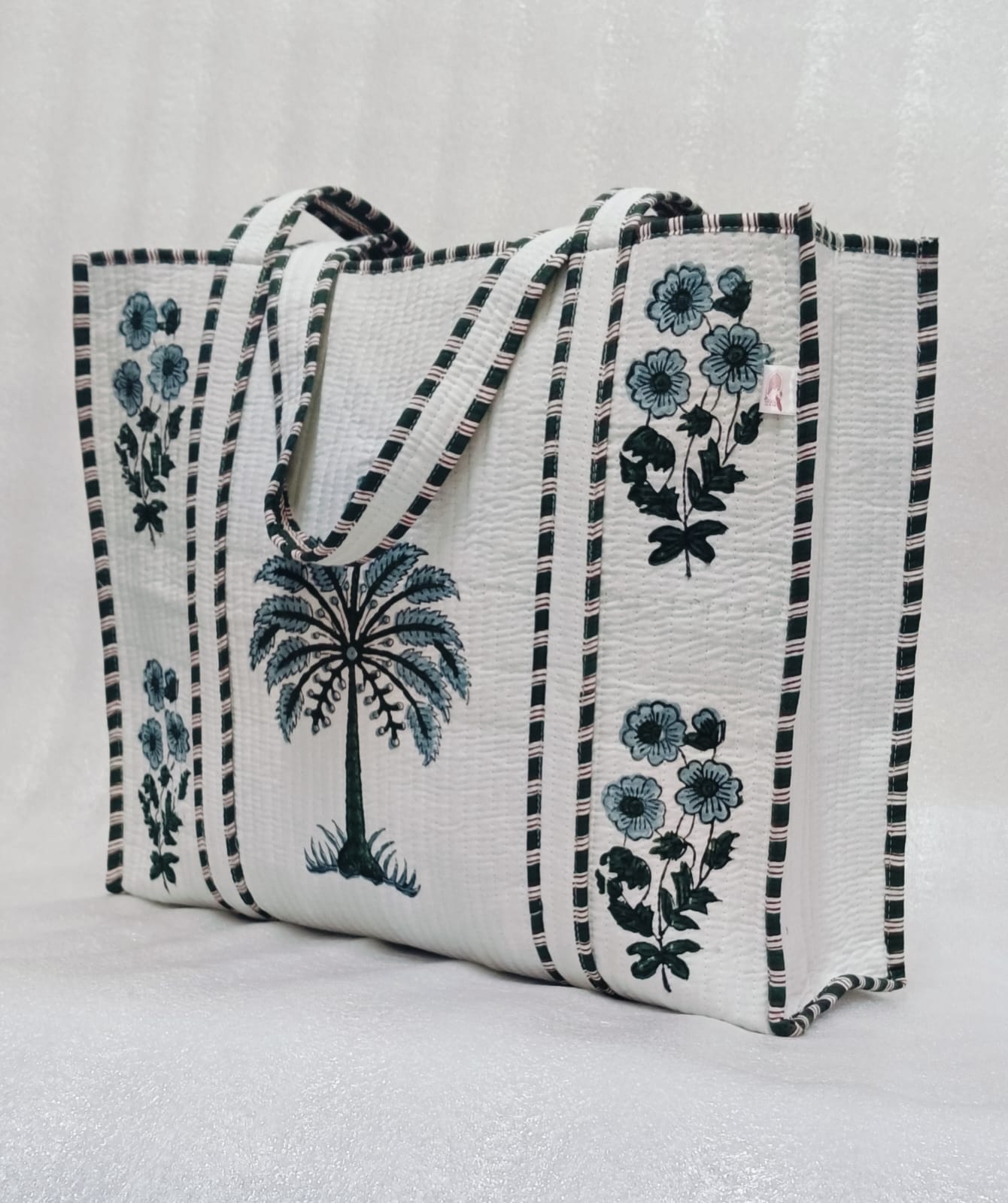 Classic White Block Printed Quilted Tote Bag without zip/button 17x18x 6 inches