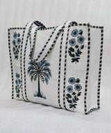 Classic White Block Printed Quilted Tote Bag without zip/button 17x18x 6 inches