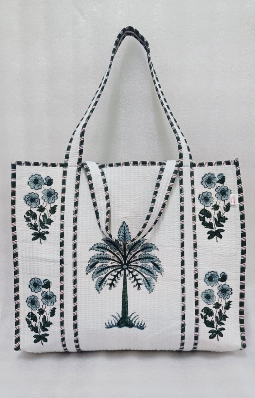 Classic White Block Printed Quilted Tote Bag without zip/button 17x18x 6 inches