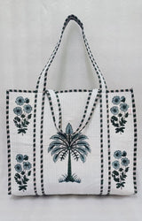 Classic White Block Printed Quilted Tote Bag without zip/button 17x18x 6 inches