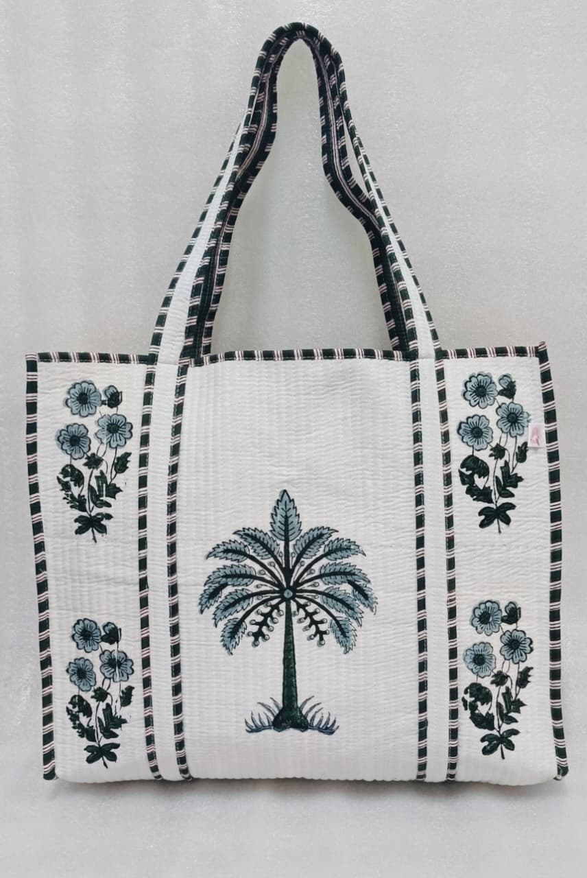 Classic White Block Printed Quilted Tote Bag without zip/button 17x18x 6 inches