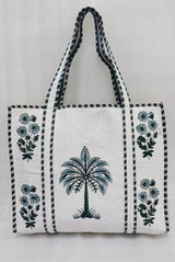 Classic White Block Printed Quilted Tote Bag without zip/button 17x18x 6 inches