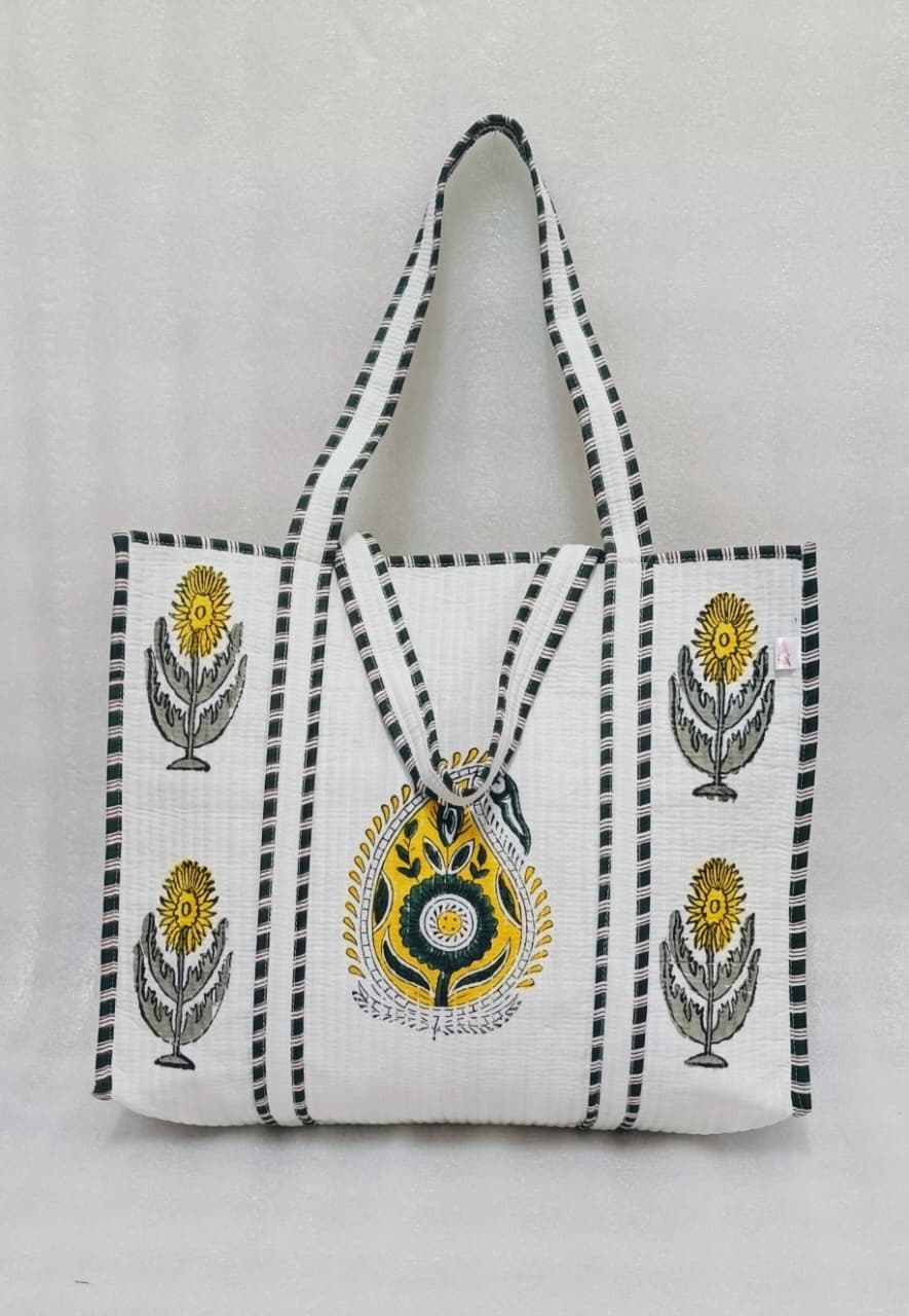 Classic White Block Printed Quilted Tote Bag without zip/button 17x18x 6 inches