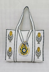 Classic White Block Printed Quilted Tote Bag without zip/button 17x18x 6 inches
