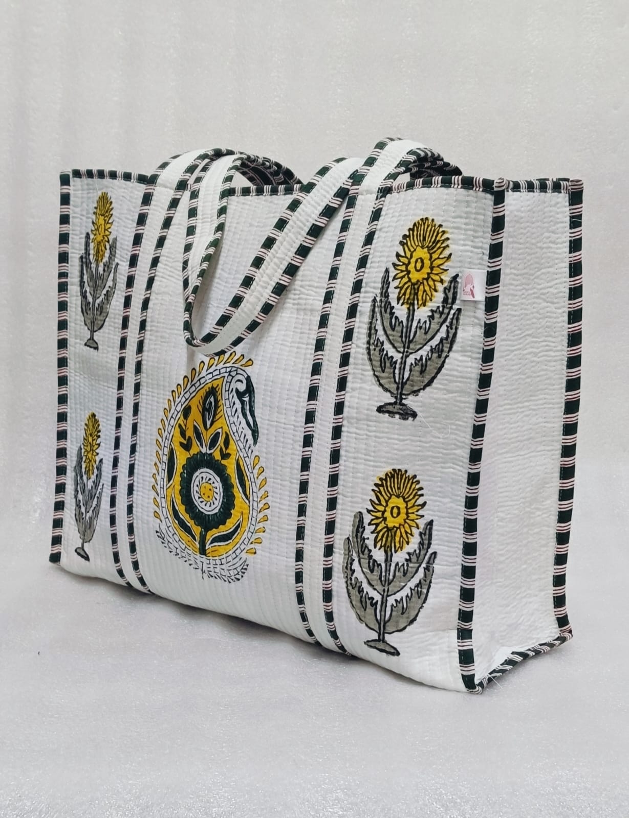 Classic White Block Printed Quilted Tote Bag without zip/button 17x18x 6 inches