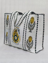 Classic White Block Printed Quilted Tote Bag without zip/button 17x18x 6 inches
