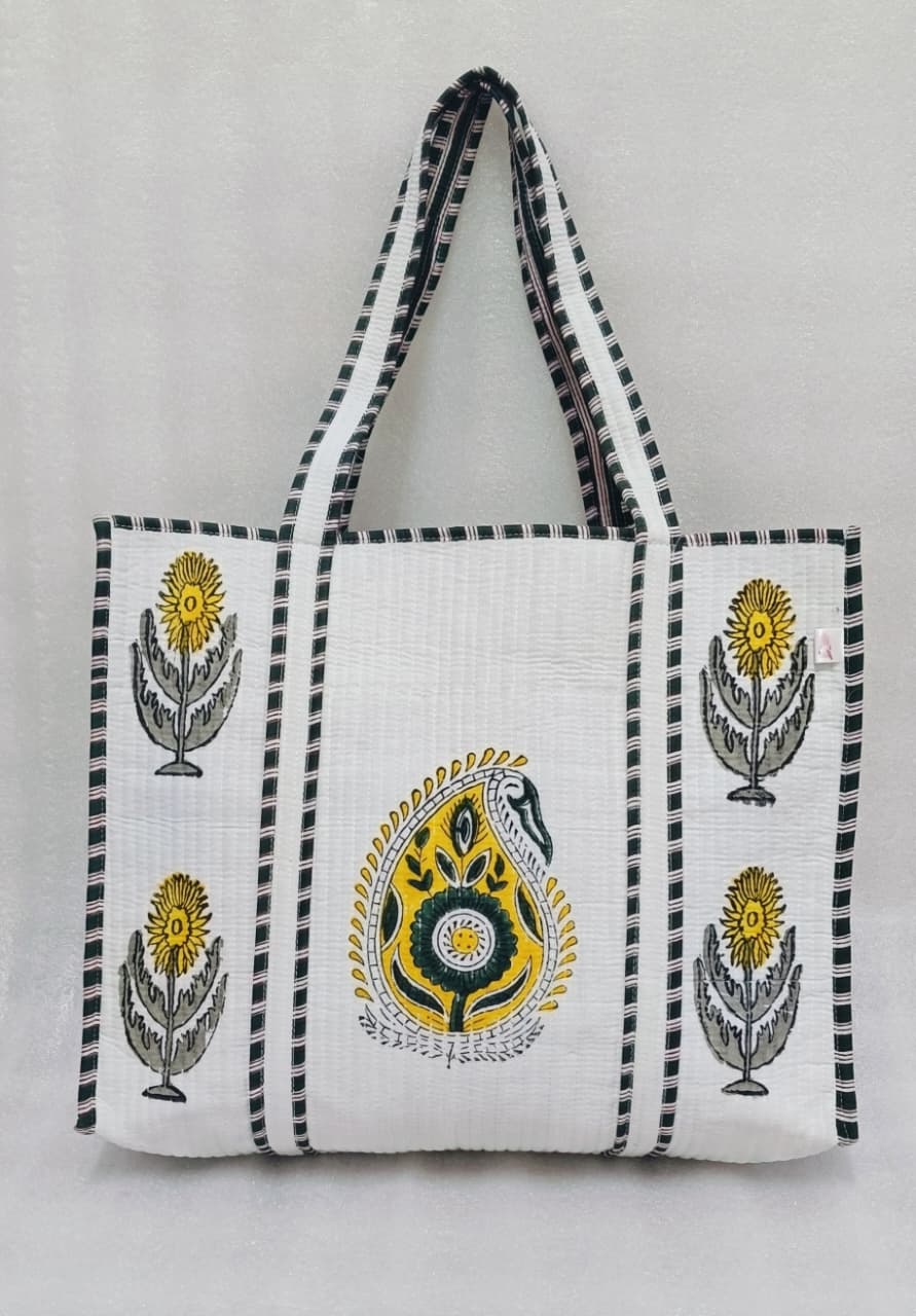 Classic White Block Printed Quilted Tote Bag without zip/button 17x18x 6 inches