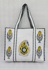 Classic White Block Printed Quilted Tote Bag without zip/button 17x18x 6 inches