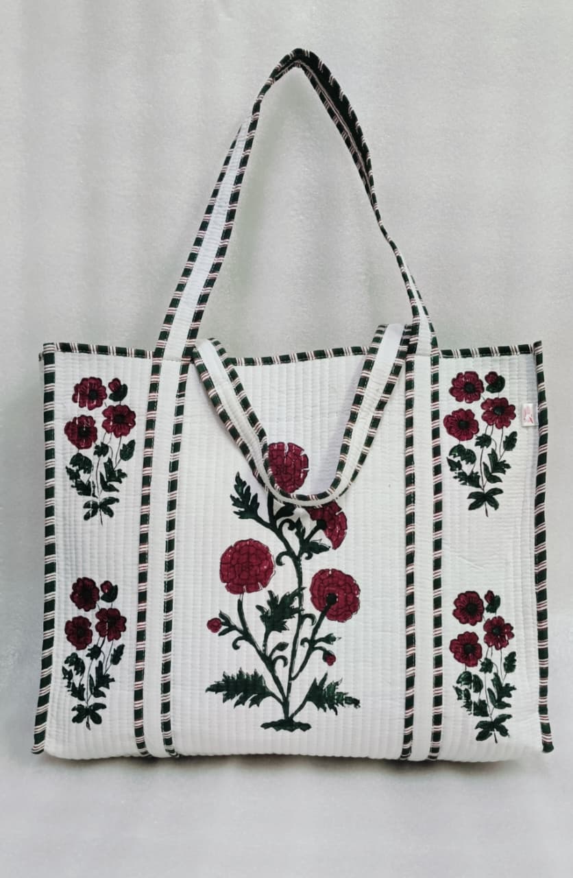 Classic White Block Printed Quilted Tote Bag without zip/button 17x18x 6 inches
