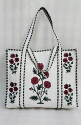 Classic White Block Printed Quilted Tote Bag without zip/button 17x18x 6 inches