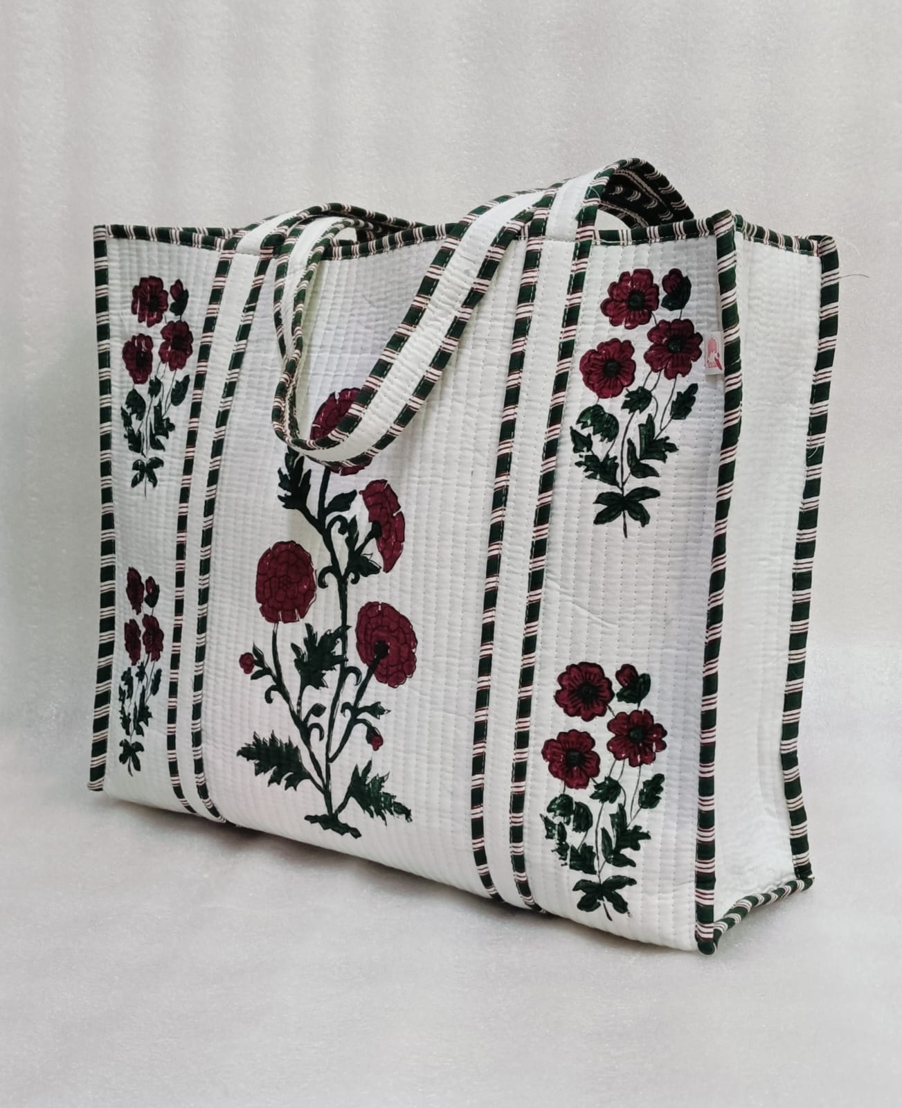 Classic White Block Printed Quilted Tote Bag without zip/button 17x18x 6 inches