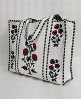 Classic White Block Printed Quilted Tote Bag without zip/button 17x18x 6 inches
