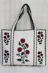 Classic White Block Printed Quilted Tote Bag without zip/button 17x18x 6 inches