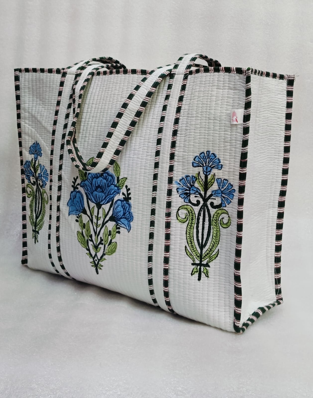 Classic White Block Printed Quilted Tote Bag without zip/button 17x18x 6 inches