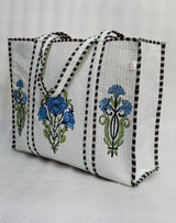 Classic White Block Printed Quilted Tote Bag without zip/button 17x18x 6 inches