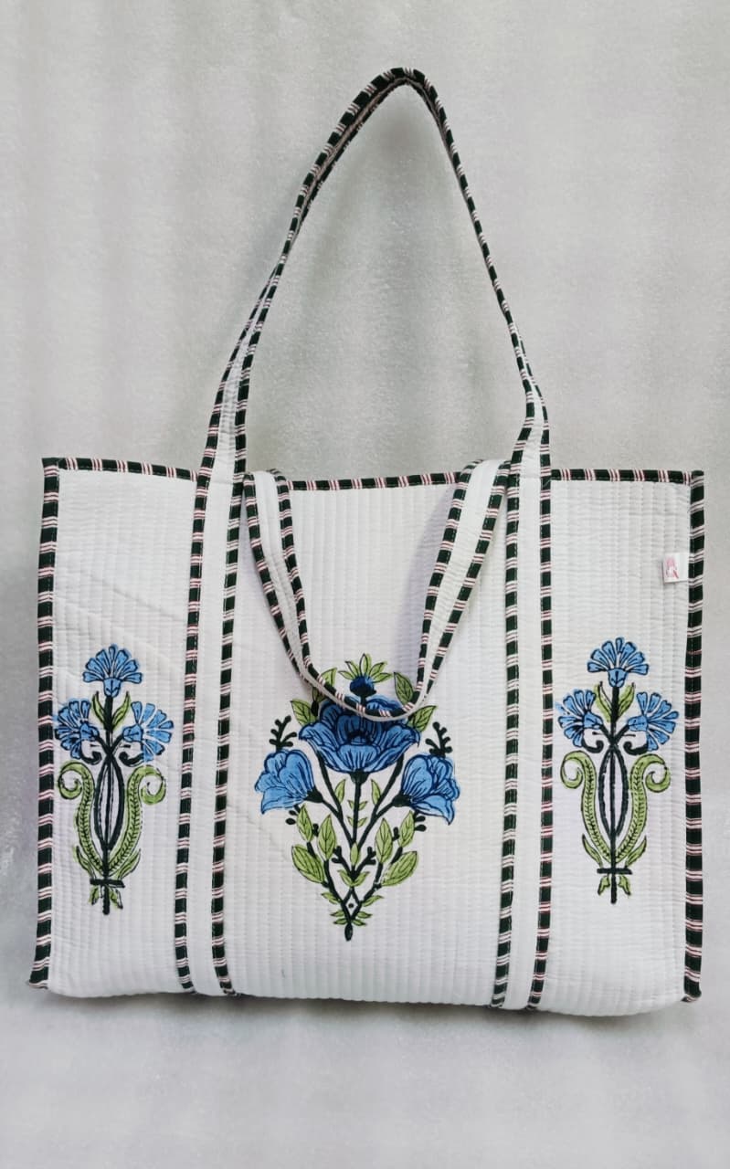 Classic White Block Printed Quilted Tote Bag without zip/button 17x18x 6 inches