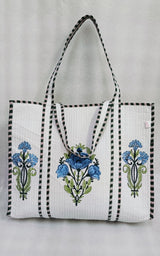 Classic White Block Printed Quilted Tote Bag without zip/button 17x18x 6 inches