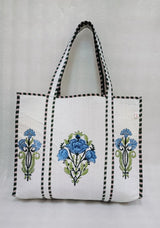 Classic White Block Printed Quilted Tote Bag without zip/button 17x18x 6 inches