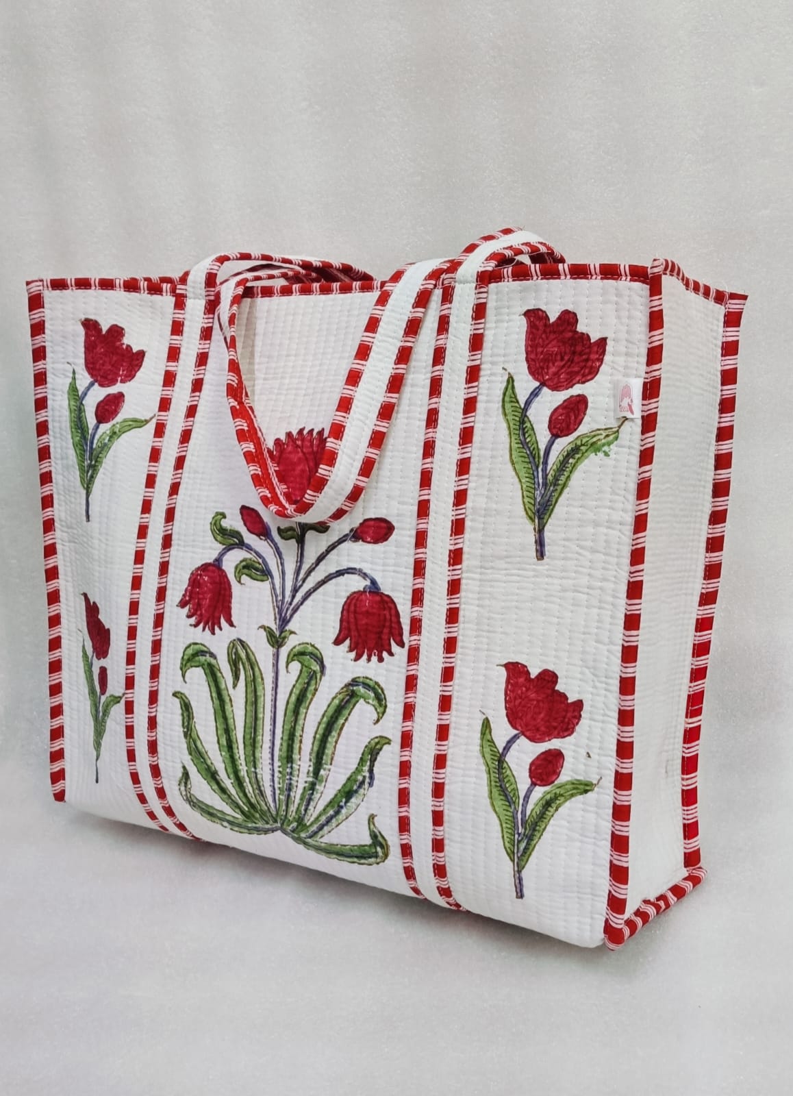 Classic White Block Printed Quilted Tote Bag without zip/button 17x18x 6 inches