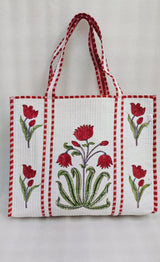 Classic White Block Printed Quilted Tote Bag without zip/button 17x18x 6 inches