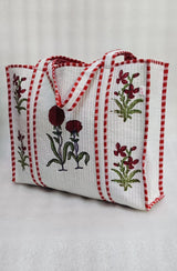Classic White Block Printed Quilted Tote Bag without zip/button 17x18x 6 inches