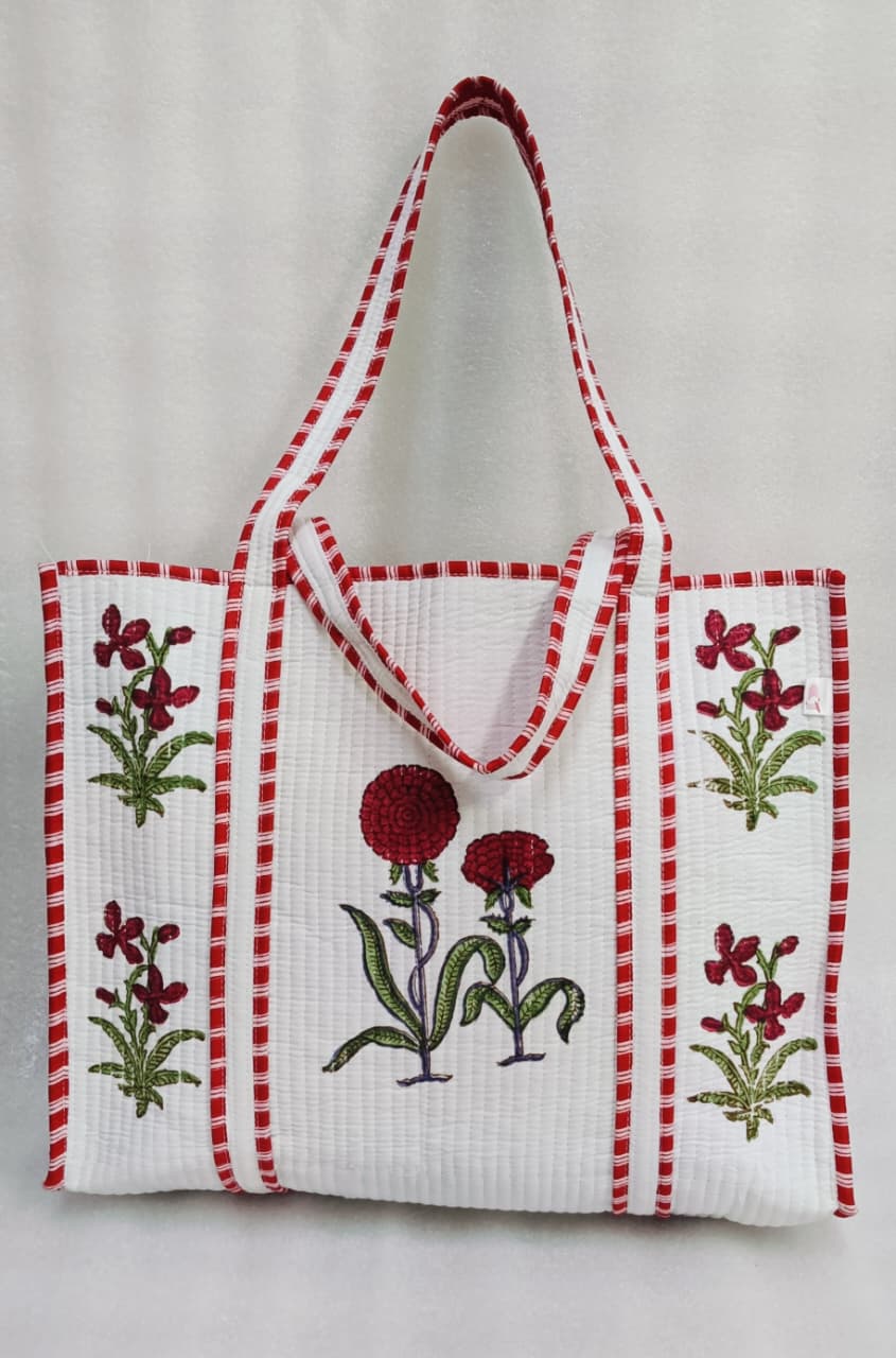 Classic White Block Printed Quilted Tote Bag without zip/button 17x18x 6 inches